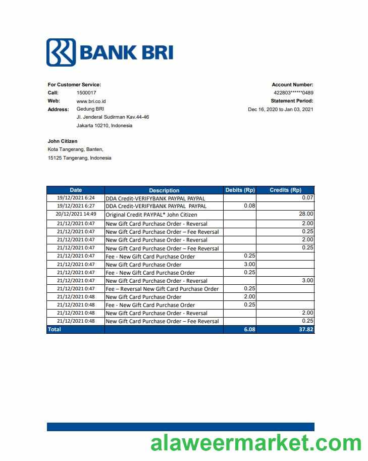 Indonesia Bank Rakyat Indonesia (BRI) bank statement template in .xls and .pdf file format